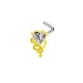 Detail view of heart-shaped zircon nose stud with gold plating and L-shaped steel post - Clear Heart Devil Style (#18)