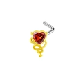 Detailed close-up of L-shaped gold nose stud with red heart stone and devil horn design - Red Heart Devil Style (#17)