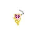 L-shaped surgical steel nose stud featuring a pink heart stone with golden devil horns - Pink Heart Devil Style (#16)