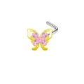 L-shaped gold nose stud with pink crystal butterfly wings and polished steel post - Pink Marquise Butterfly Style (#14)