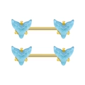 Pair of gold stainless steel nipple rings with blue resin fishtail charms on white background - Gold Blue