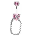 Piercing de ombligo con circonitas rosa corazón, estrella y cadenas en fondo blanco - Estilo Corazón Plateado Circón Rosa (#4)
