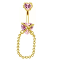 Detalle de piercing de ombligo con circonita rosa, estrella dorada y cadena colgante - Estilo Corazón Dorado Circón Rosa (#2)