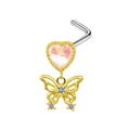 L-shaped gold nose stud featuring a pink marble heart and a crystal butterfly pendant - Marble Heart Butterfly Style (#8)