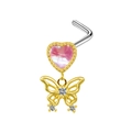 Gold-plated L-shaped nose ring with a pink heart opal and a dangling zircon bow charm - Pink Opal Butterfly Style (#7)