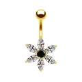 Piercing de ombligo en oro con pétalos de circón y piedra negra central elegante - Estilo Flor Dorada Circón Negro Blanco (#6)