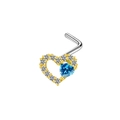 L-shaped nose stud featuring a gold heart with blue crystal and white zircon pavé - Blue Heart Devil Style (#5)