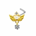 Gold and silver L-shaped nose studs with heart wing design and white pearl drop - Pearl Heart Wing Dangle Style (#3)