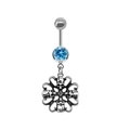 Close-up of sky blue gemstone and silver skull pendants on punk navel ring - Blue Rhinestone Skull Style