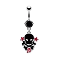 Punk style navel ring with black gemstone, skull pendant and red music note details - Black Stone Skull Star Style