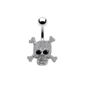 Detailed view of silver skull belly ring with sparkling crystals and black stone eyes - Pave Rhinestone White Stone Skull