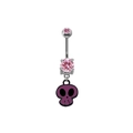 Detailed view of punk belly ring with pink crystals and purple skull charm pendant - Pink Double Stone Purple Skull