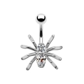 Macro detail of silver spider navel ring with sparkling round and oval cubic zirconia - Silver Double Stone Spider Style