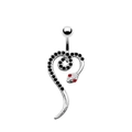 Detailed view of snake belly button ring with black stones and red eyes on steel bar - Heart-Shaped Coiled Snake Style