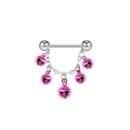 Detail shot of a steel nipple barbell ring featuring five hanging pink metal bells - Bright Pink Five Bells Style (NP240851004)