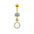 Detail of golden navel ring featuring a large clear gem and a pavé-set pearl drop charm - Pearl and Rhinestone Style (23092010)