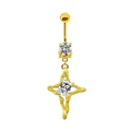 Detail eines goldenen Bauchnabelpiercings mit Kreuzanhänger in Lava-Optik und Zirkonia - Gold Flüssigmetall Kreuzstern Weißer Zirkonia Stil (#10)