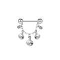 Detailed view of silver nipple ring with zircon stones and colorful hanging bells - Zircon with Three Bells Style (NP24081005)