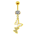 Detail view of gold butterfly belly ring with white shell wings and shimmering crystal pavé - Double Butterfly Shell-look Style (23092202)