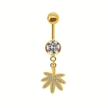 Detail of a gold belly ring featuring a crystal cannabis leaf pendant with pearl accents - Leaf Shaped Full Rhinestone Style (23092203)