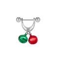 Detail view of silver nipple ring with a zircon-inlaid U-shape and red-green bell charms - Red and Green Dual-Color Bells Style (NP24081001)