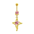 Makro-Detail des goldenen Bauchnabelpiercings mit rosa sternförmigem Edelstein - Gold Flüssigmetall Kreuzstern Rosa Zirkonia Stil (#11)