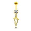 Golden heart footprint navel ring with crystal cubic zirconia and shiny pearl accents - Full Rhinestone Footprint Pendant Style (23092210)
