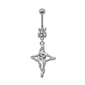 Detailansicht des silbernen Bauchnabelpiercings mit Kreuzstern und rechteckigem Zirkon - Silber Flüssigmetall Kreuzstern Weißer Zirkonia Stil (#7)