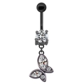 Black bat-style navel ring featuring a round zircon and a butterfly crystal pendant - Butterfly Style (2311110023)