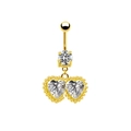 Detailed close-up of a gold belly button ring with double heart-shaped cubic zirconia stones - Gold White Zirconia Double Heart Style (#4)