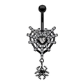 Macro view of gothic black spider web belly ring with heart crystal and tiny spider charm - Heart Spider Web Style (2311110025)