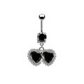 Macro detail of silver navel ring with double black heart pendants and beaded edges - Silver Black Zirconia Double Heart Style (#3)