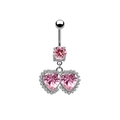 Pink heart crystal belly button ring in silver stainless steel with beaded edge - Silver Pink Zirconia Double Heart Style (#2)