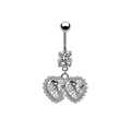 Detailed view of silver belly ring with double heart-shaped cubic zirconia crystals - Silver Double Heart Style (#1)