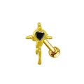 Détail d'un clou d'oreille croix dorée à effet fondu orné d'un zircon coeur noir - Croix Fluide Dorée avec Cœur Noir (ER3072020)