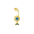 Detailed view of a golden belly ring featuring a blue zircon and a gradient mermaid tail pendant - Gold Fish Tail Style (ER3112202)