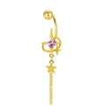 Detail of gold belly button ring with pink square gem, star charms, and long chain tassels - Gold Star Tassel with Pink Zirconia Style (ER3112205)