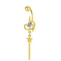 Macro detail of gold star navel ring with cubic zirconia and dangling chain element - Gold Star Tassel with White Zirconia Style (ER3112206)