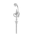 Macro shot of silver navel ring with square zirconia stone and star chain detail - Silver Star Tassel with White Zirconia Style (ER3112207)