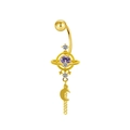 Detailed close-up of a golden butterfly navel ring with purple stone and moon pendant - Gold Planet Moon Tassel Style (ER3112214)