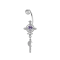 Detail of silver belly ring with purple gemstone planet design and moon tassel pendant - Silver Planet Moon Tassel Style (ER3112215)