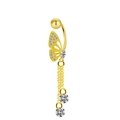 Macro detail of 18K gold butterfly navel ring with crystal tassels and curved bar - Gold Butterfly Tassel Style (ER3112218)