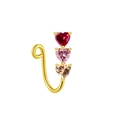 Detail of gold clip-on nose ring with three gradient heart-shaped gemstones in 4-prong setting - Tricolor Gradient Heart Style (NC312070009)