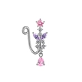 Detail view of silver U-shaped fake nose ring with purple zircon butterfly and pink droplet - Butterfly Waterdrop Pink Purple Zirconia (NC312070024)