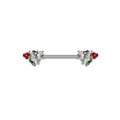 Detail of silver nipple barbells with heart-shaped zircon and small red rose floral accents - Silver Transparent Heart Flower Style (NPR3122011)