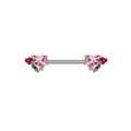 Detailed macro of silver nipple ring with pink heart zircons and floral enamel decor - Silver Pink Heart Flower Style (NPR3122010)