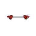 Macro detail of heart-shaped red zircon nipple ring with enamel flower and leaf accents - Silver Red Heart Flower Style (NPR3122009)