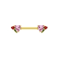 Macro shot of gold nipple ring featuring pink heart zircon with red enamel floral details - Gold Pink Heart Flower Style (NPR3122008)