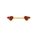 Detail view of heart-shaped red zircon nipple ring with floral leaf gold plating - Gold Red Heart Flower Style (NPR3122007)