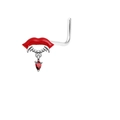 L-shaped nose stud with red lips and fangs pendant featuring a heart-shaped zircon - L-Shape Nose Stud (Platinum)
